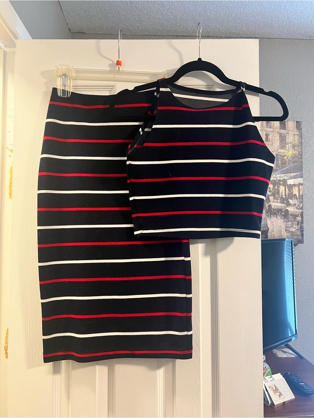 American Apparel Black Red & White Striped Pencil Skirt Set